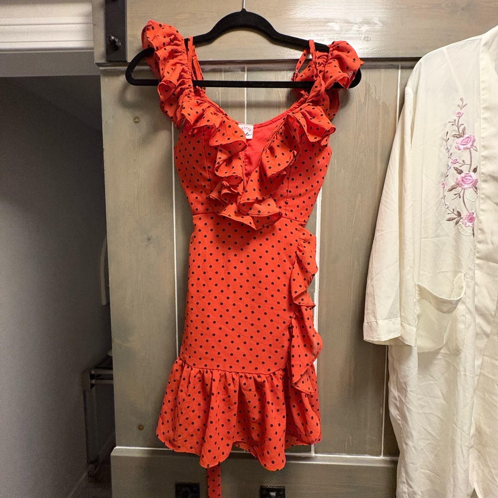 Ruffled Polka Dot Romper in Orangey/Red